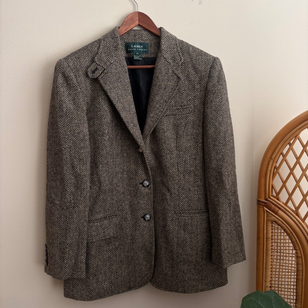 Vintage Polo Ralph Lauren Womens Equestrian Brown Herringbone Riding Blazer Coat